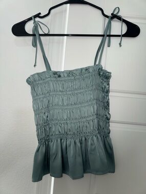 Smocked Peplum Tie-Shoulder Tank Top - Sage Green